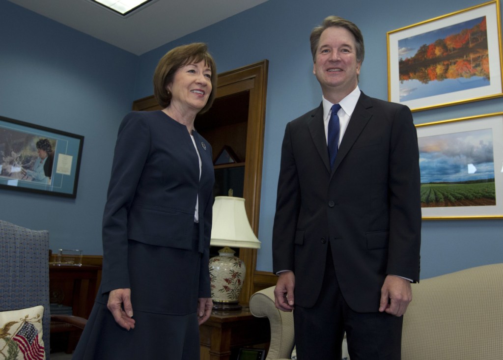 Sen. Susan Collins, R-Maine, meets with Supreme Court nominee Judge Brett Kavanaugh at her officeon Capitol Hill in Washington on Tuesday.