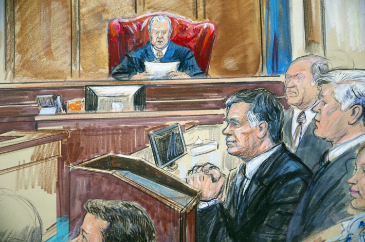 This courtroom sketch shows Paul Manafort listening to U.S. District court Judge T.S. Ellis III at federal court in Alexandria, Va., on Tuesday. Manafort was the lone American charged so far by Mueller to opt for trial instead of cooperating.
