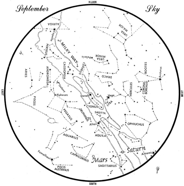 SKY GUIDE: This chart represents the sky as it appears over Maine during September. The stars are shown as they appear at 10:30 p.m. early in the month, at 9:30 p.m. at midmonth and at 8:30 p.m. at month's end. To use the map, hold it vertically and turn it so that the direction you are facing is at the bottom.