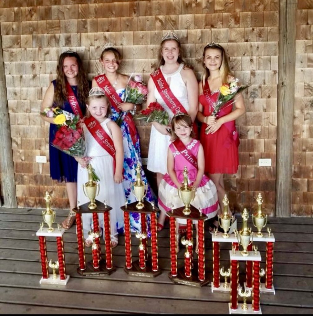 The 2018 Maine Strawberry Pageant Royalty, in front, from left are Lexi Benner, of West Gardiner, 2018 Maine Strawberry Blossom; and Charlotte Garloff, of Pittston, Strawberry Blossom RunnerUp. In back, from left are Deanndra Kalloch, of Whitefield, Strawberry Princess Runnerup; Lily Belanger, of Pittston, 2018 Maine Strawberry Princess; Jordan Snell, of West Gardiner, 2018 Maine Strawberry Queen; and Tori Grasse, of Windsor, Strawberry Queen Runnerup and Miss Congeniality.