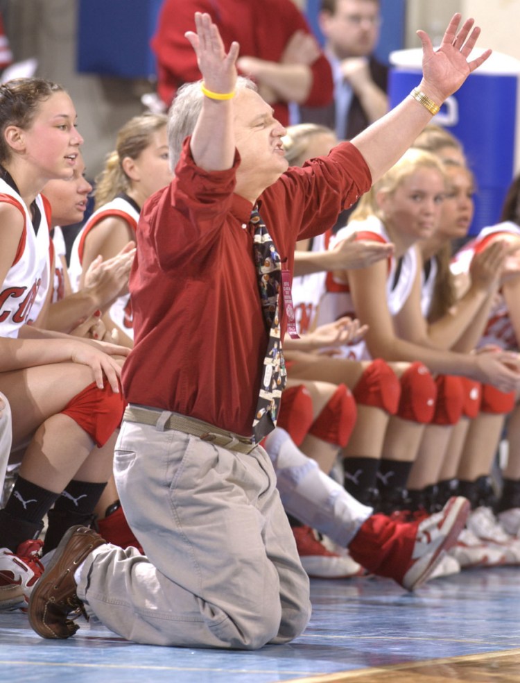 Cony girls basketball coach coach Vachon reacts to an official's call during the 2005 Class A championship game against McAuley.