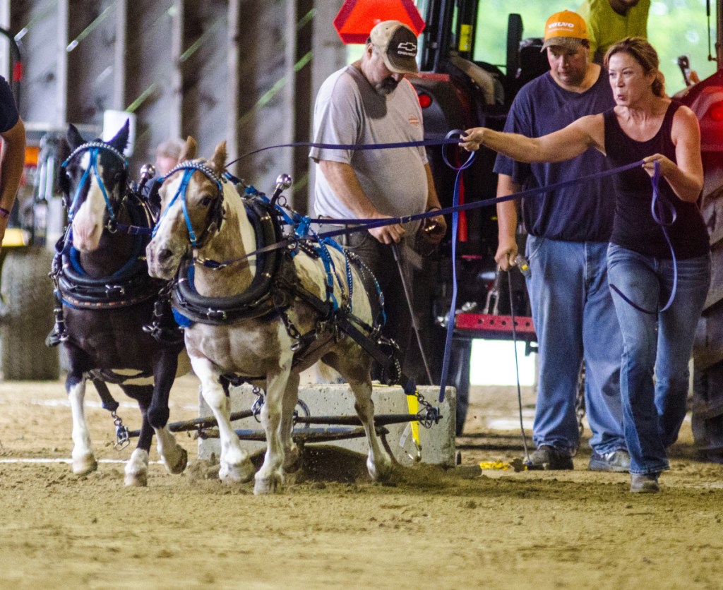 Taryn Hunt, of Glover, Vermont, and her team, Roxie and Scat, compete in miniature-horse pulling Saturday in the Charles Henry Robinson Memorial Pulling Ring at the Monmouth Fairgrounds. This is the 108th annual Monmouth Fair, which advertises itself as "a little fair with a lotta pull."