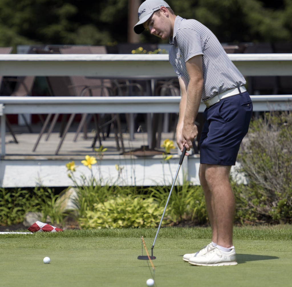 Sam Grindle works on his putting during a Pro-Am event Monday at the Augusta Country Club in advance of the Charlie's Maine Open that starts Tuesday.