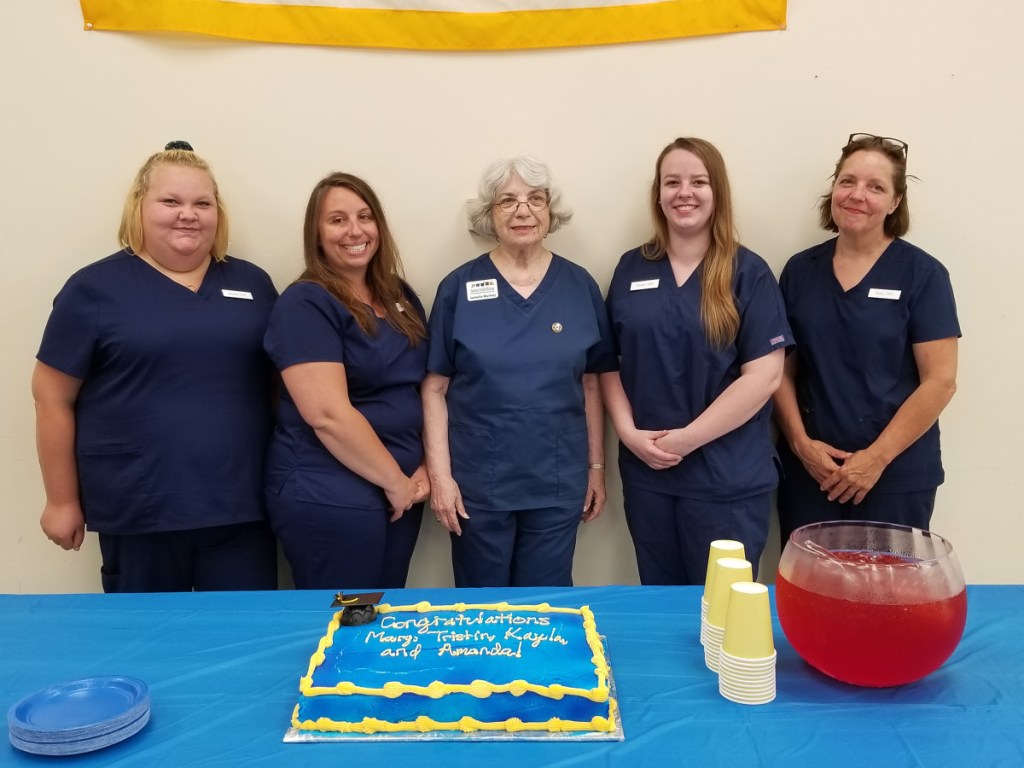Augusta Adult & Community Education recently announced that all members of its spring 2018 Certified Nursing Assistant course passed the State of Maine CNA certificate exam. They are, from left, Kayla McKenney, Amanda Sproul, Isabelle Markley RN and Clinical Instructor, Tristin Bean, and Mary Barker.