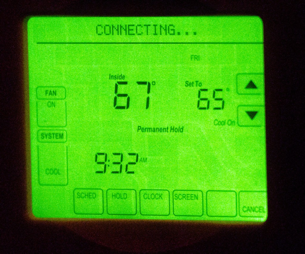 A thermostat shows the temperature Friday in the climate-controlled growing room at Maine Cap N' Stem Mushroom Co. in Gardiner.