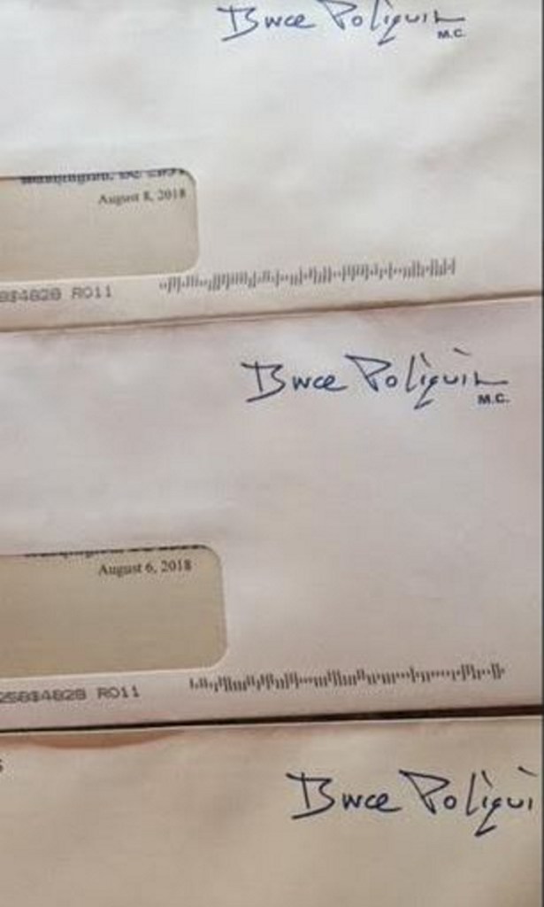 Envelopes for the three pieces of mass mail one Androscoggin County woman received from U.S. Rep. Bruce Poliquin on the same day last week.