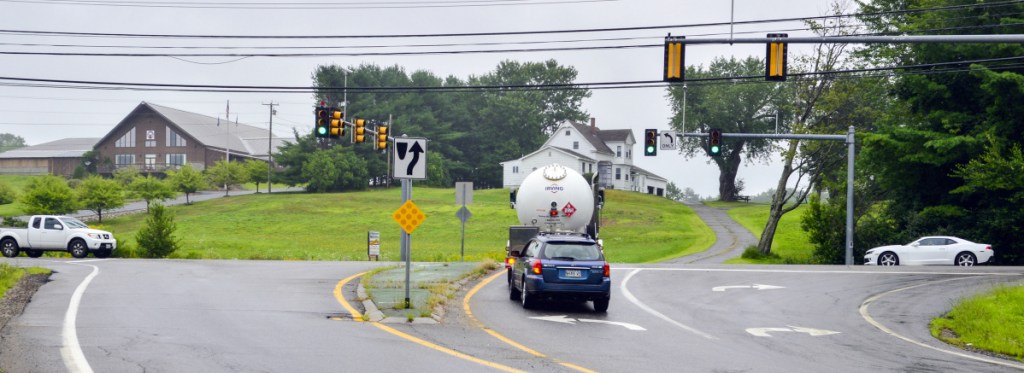 The site of proposed of an apartment complex is seen Tuesday at the intersection of Leighton Road and Civic Center Drive in Augusta. The Augusta Elks Club is at top left, and the driveway that lines up with Leighton Road would be driveway for complex.