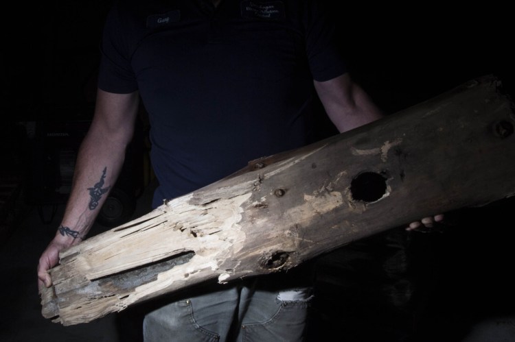 Gary Cowan, an operator at the Skowhegan water treatment plant, holds a piece of a 150-year-old wooden water pipe Wednesday that was discovered recently in Skowhegan.