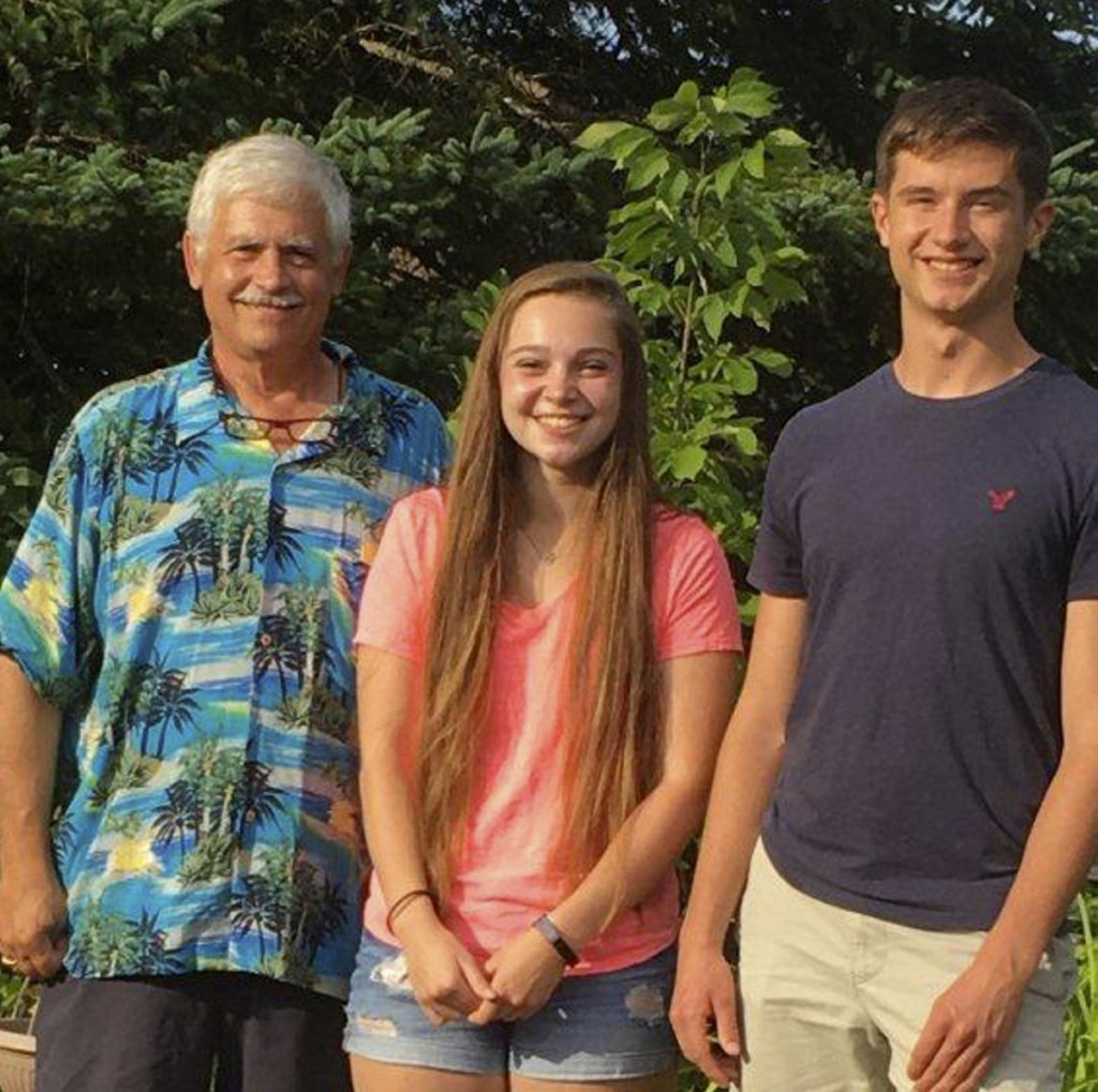 Mt. Blue Area Garden Club President Tom Saviello, left, with scholarship recipients Kaci O. Presby and Ezekiel S. Robinson.