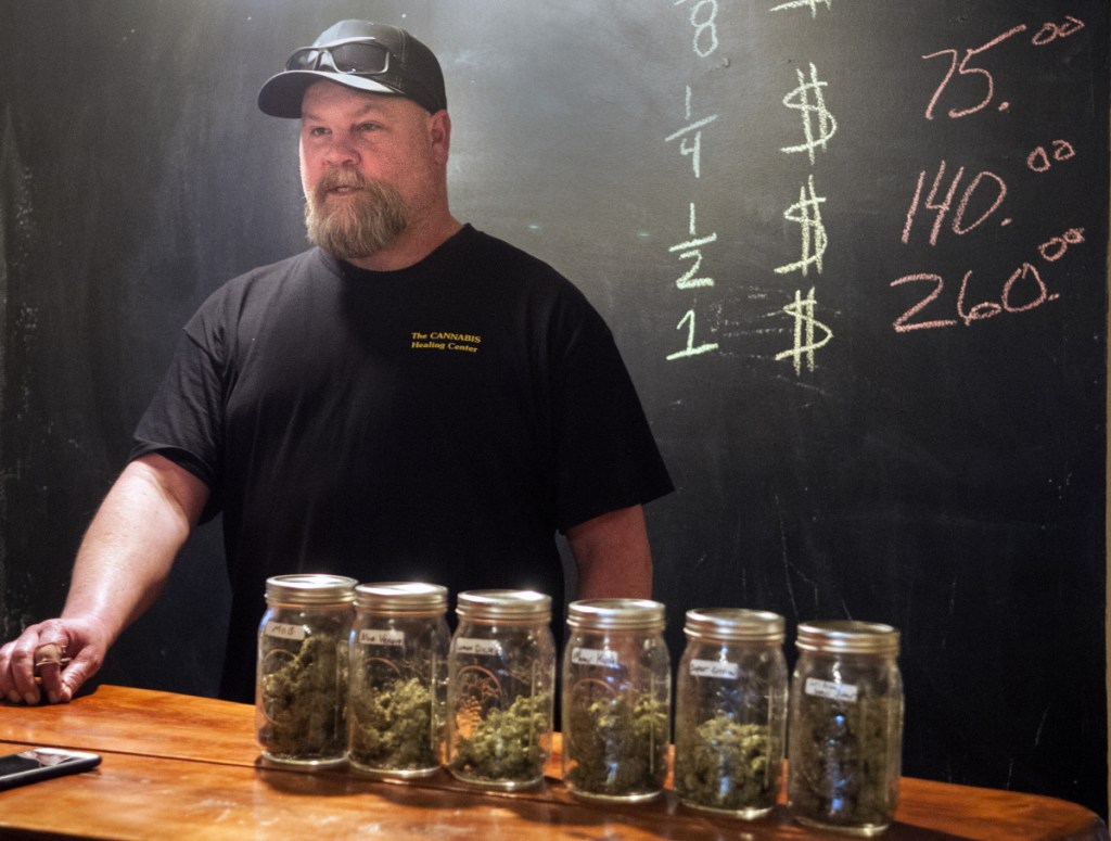 Derek Wilson talks about his business, The Cannabis Healing Center, in 2017 in Hallowell.