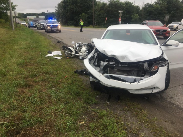 A 2017 Chevrolet Impala struck a 2003 Indian Scout motorcycle on Interstate 95 near the northbound off-ramp in Palmyra on Saturday morning, according to Chief Deputy James Ross of the Somerset County Sheriff's Office. The motorcyclist was seriously injured and taken to Sebasticook Valley Hospital in Pittsfield.