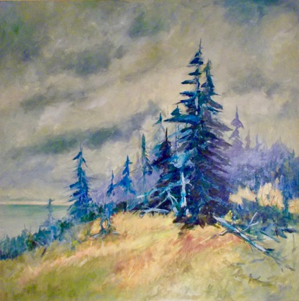 Daisy Greene's Maine landscapes like Weather Watch, acrylic on board, capture nature in a style that is often toughly realistic.
