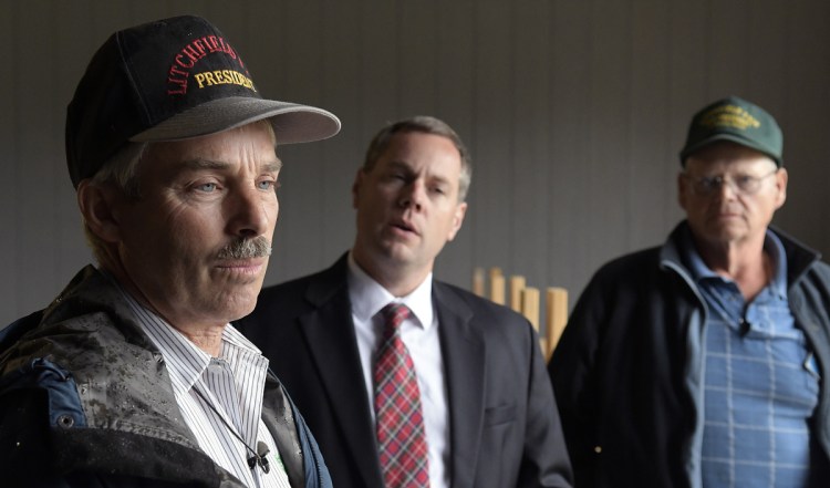 Litchfield Farmer's Club President Charlie Smith, left, attorney Kevin Sullivan and Vice President Dick Brown asserted Aug. 22 the organization's former treasurer, Ryan Beaudette, stole thousands of dollars from the club, which runs the Litchfield Fair. The fair is scheduled to open Sept. 7.