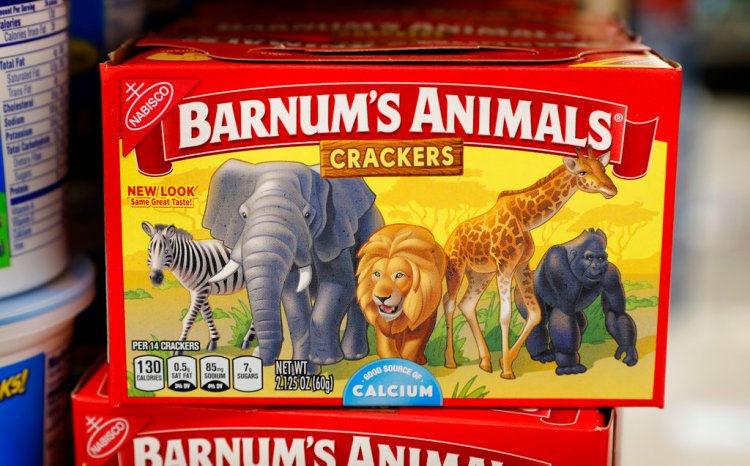 After more than a century behind bars, the animals on boxes of animal crackers are roaming free. The new boxes retain their familiar red and yellow coloring and prominent "Barnum's Animals" lettering. But instead of showing the animals in cages, implying that they're traveling in boxcars for the circus, the new boxes feature a zebra, elephant, lion, giraffe and gorilla wandering side-by-side in a grassland. 