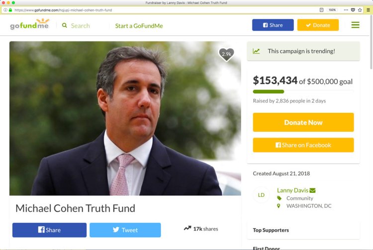 The GoFundMe page for Michael Cohen, the former lawyer for Donald Trump, created by Cohen's lawyer Lanny Davis, is asking the public for help paying for Cohen's legal defense, and one anonymous donor already has ponied up $50,000. 