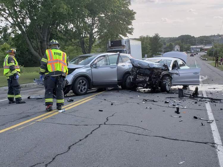 Emergency crews respond to a head-on crash on Route 1 in Rockland on Monday afternoon.