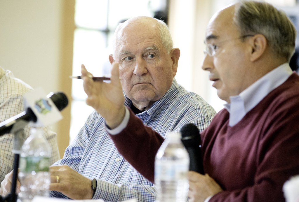 USDA Secretary Sonny Perdue listens to U.S. Rep. Bruce Poliquin, R-Maine, during a roundtable discussion at Franklin Memorial Hospital in Farmington on Wednesday.