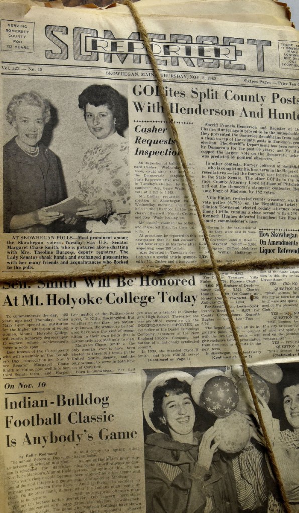 An edition of the Independent Reporter from the early 1960s shows on Tuesday a photograph of U.S. Sen. Margaret Chase Smith, at upper left. The newspaper is one of hundreds of editions of Somerset County newspapers dating back to the mid-1800s that will become part of an extensive collection in Skowhegan.