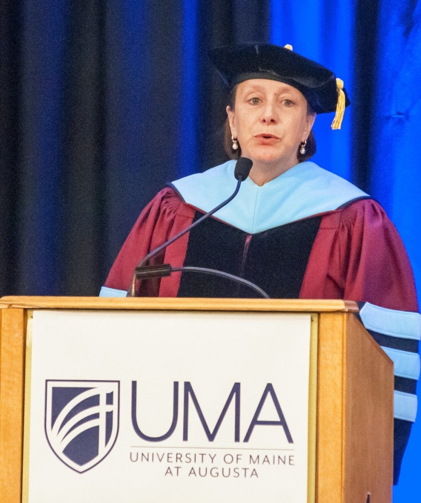 University of Maine at Augusta President Rebecca Wyke speaks on Friday during the annual University of Maine at Augusta convocation at the Augusta Civic Center.