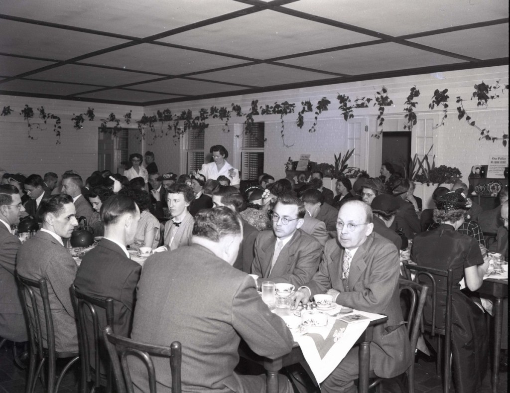 A 1951 meeting of Rexall Pharmacy representatives from around Maine at a banquet in the Terrace Room of the Worster House.