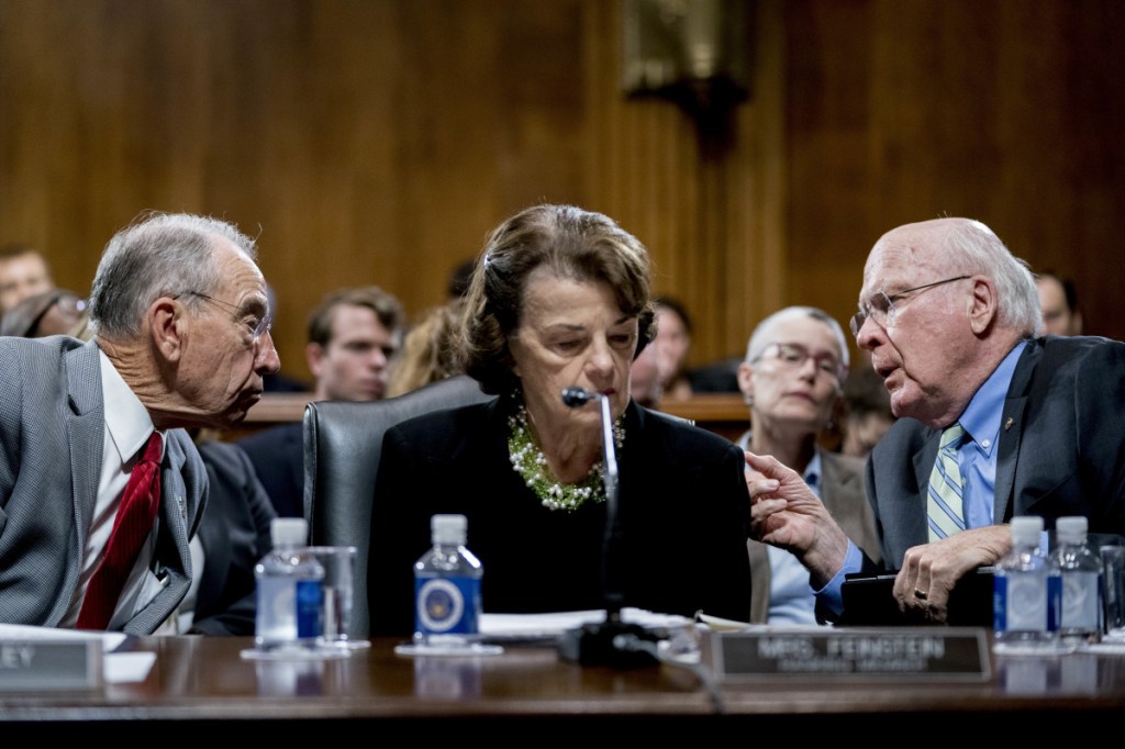 Members of the Senate Judiciary Committee that will hear testimony from Brett Kavanaugh and his accuser include Chairman Chuck Grassley, R-Iowa, left, Sen. Dianne Feinstein, D-Calif., and Sen. Patrick Leahy, D-Vt.