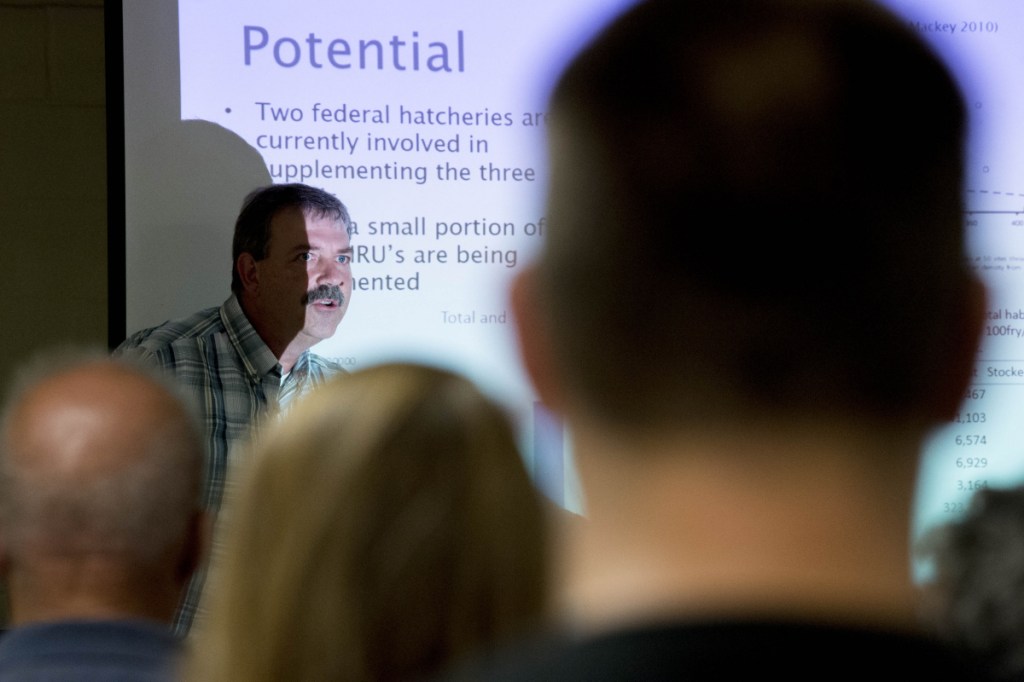 Paul Christman, marine scientist with the Maine Department of Marine Resources, gives a presentation Wednesday at the Farmington Community Center on the proposed removal of Walton's Mill Pond Dam in Farmington.