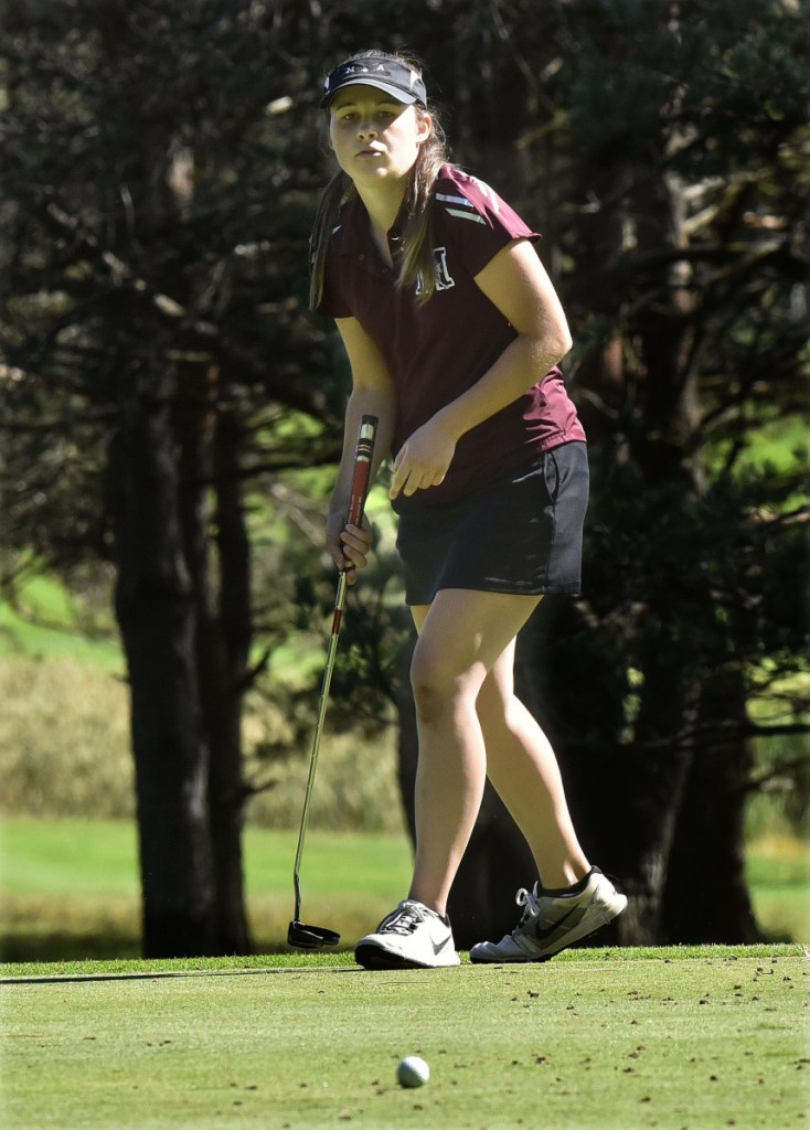 Staff photo by David Leaming 
 Monmouth's Abby Flanagan competes during the Mountain Valley Conference championships Thursday at Natanis Golf Course in Vassalboro.
