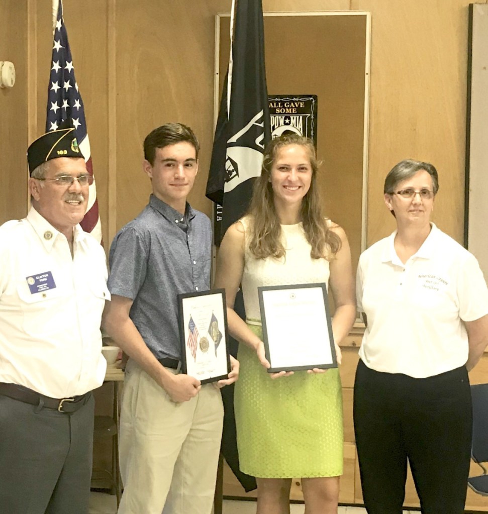 MG Post 163 Commander, Clayton York with Boys State Award recipient Hagan Wallace, Girls State Award recipient Elizabeth Sugg and Ladies Auxiliary President Deana Stearns.