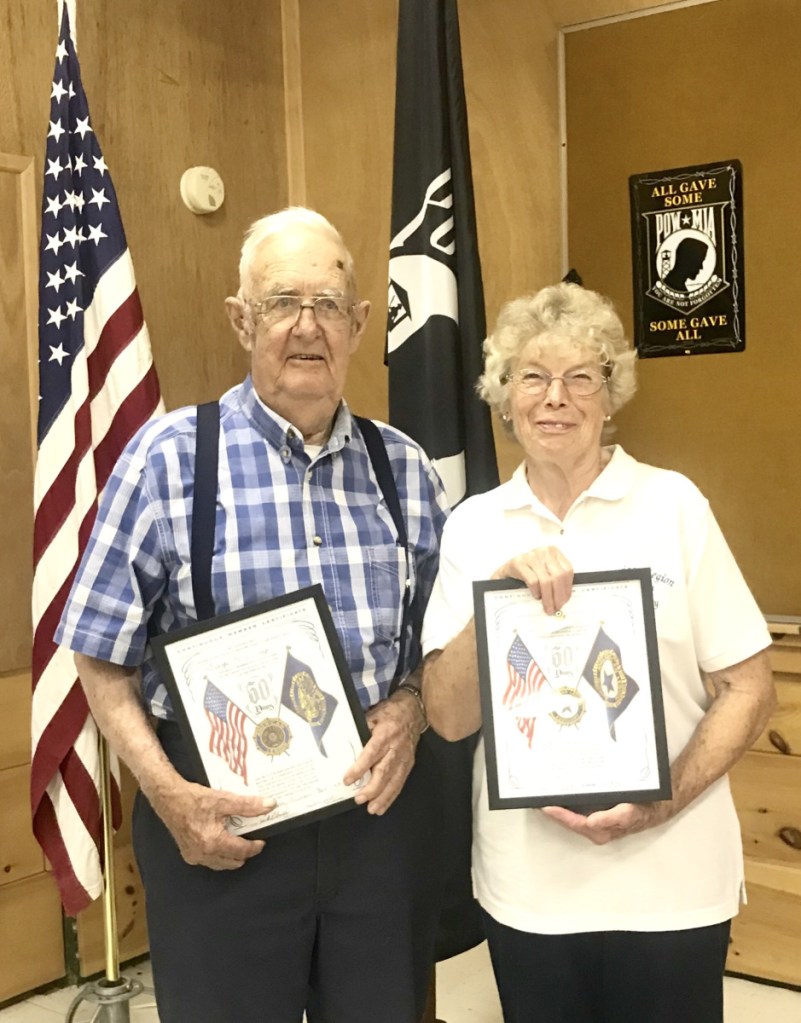 Legionaire George McKennay and Ladies Auxiliary Bev McKennay both received 50 year certificates.