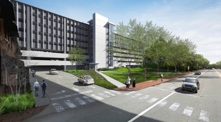 A rendering shows Maine Med's site plan for a parking garage on St. John Street.