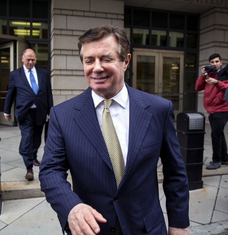 Paul Manafort, former campaign chairman for Donald Trump, leaves federal court in Washington on April 19. He was convicted of bank and tax fraud last month in Virginia.