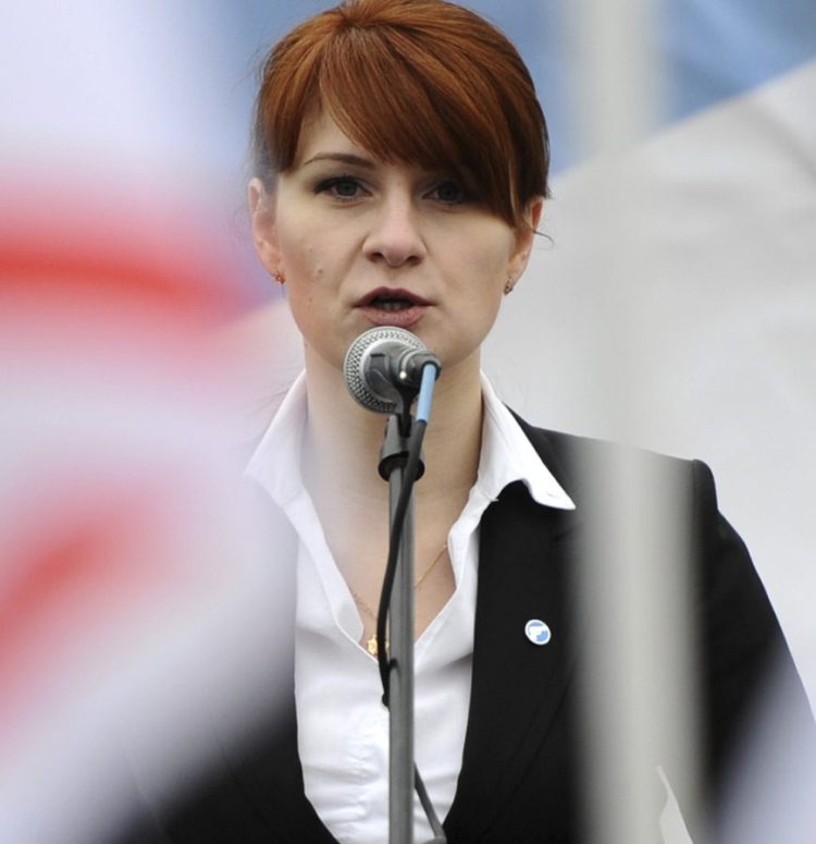 Maria Butina, leader of a pro-gun organization in Russia, speaks to a crowd during a rally in support of legalizing the possession of handguns in Moscow in 2013.
