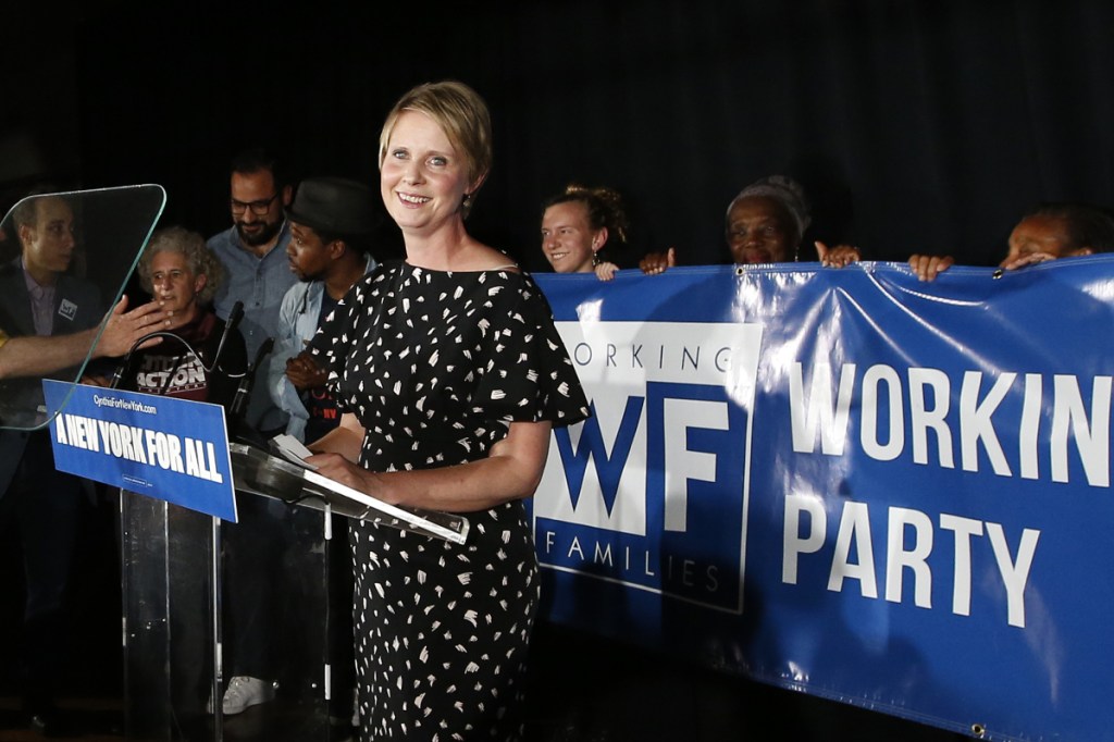 Gubernatorial candidate Cynthia Nixon delivers her concession speech at the Working Families Party primary night party, Thursday, Sept. 13, 2018, in New York. New York Gov. Andrew Cuomo easily beat Nixon in Thursday's contest to win his party's nomination for a third term.