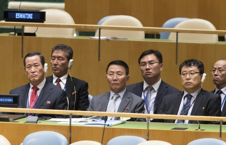 Members of the North Korean delegation listen as their Foreign Minister Ri Yong Ho addresses the 73rd session of the United Nations General Assembly on Saturday.