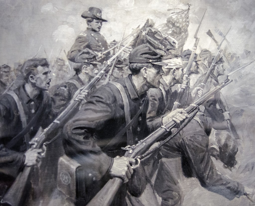A painting given to Augusta by accomplished artist and city native William Herbert "Buck" Dunton, depicting Civil War scenes, is seen Friday at Augusta City Center.