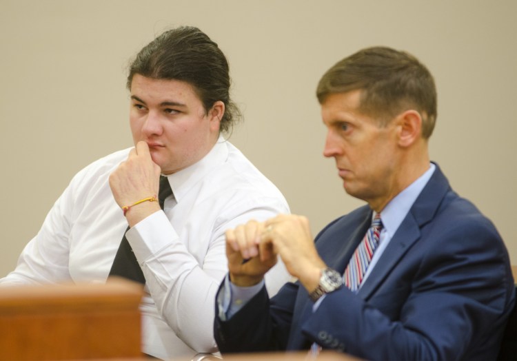 Andrew Balcer, left, sits with his attorney Walter McKee during his bindover hearing on Oct. 26, 2017 at Capital Judicial Center in Augusta.