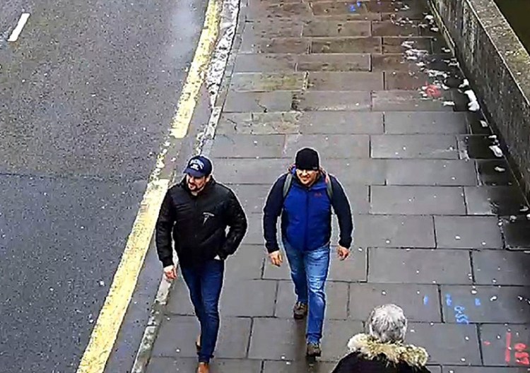 In this still from CCTV,Ruslan Boshirov and Alexander Petrov walk on Fisherton Road, Salisbury, England on March 4, 2018. 