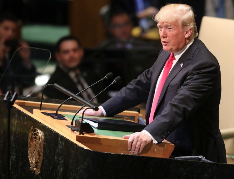 President Trump addresses the United Nations General Assembly on Tuesday at U.N. headquarters. He warned the leaders of Iran, Syria, Venezuela and China about what he described as their rogue behavior.