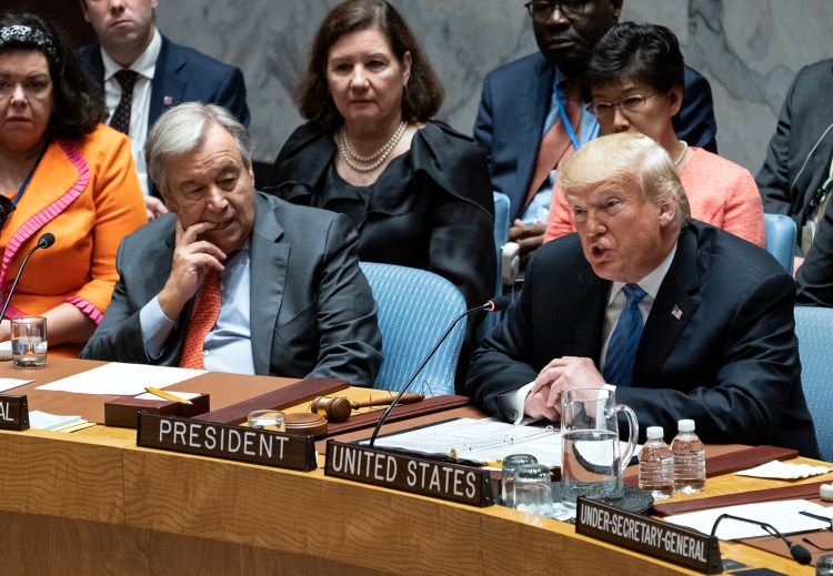President Donald Trump addresses the United Nations Security Council during the 73rd session of the United Nations General Assembly, at U.N. headquarters, Wednesday, Sept. 26, 2018. Left is United Nations Secretary-General Antonio Guterres. 