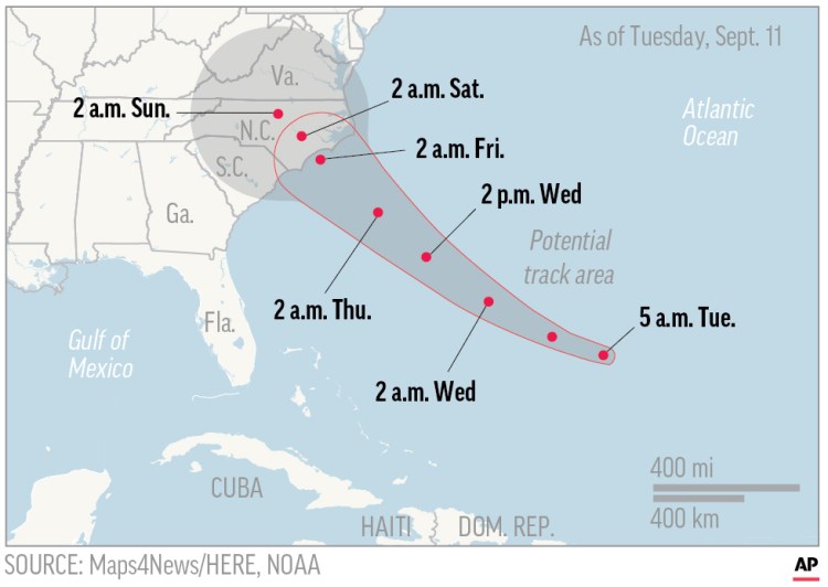 This map shows the probable path of Hurricane Florence.