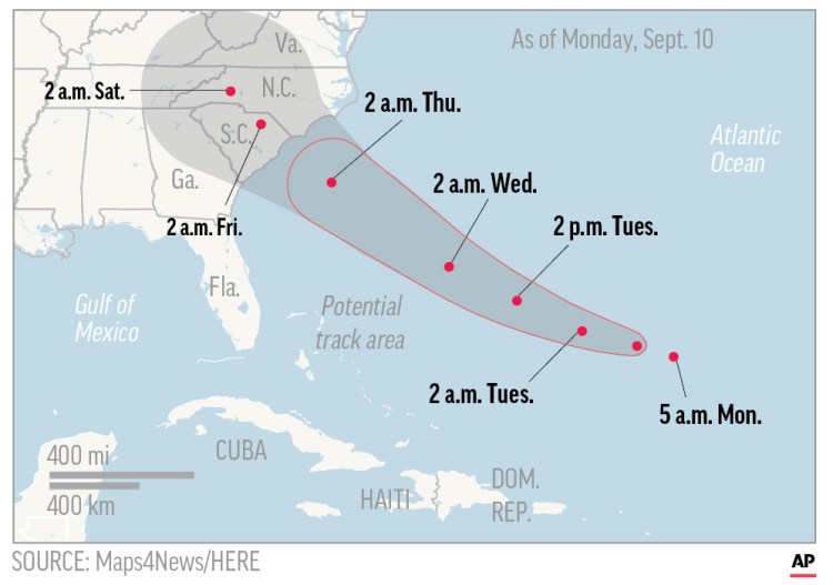 Map shows probable path of Hurricane Florence.