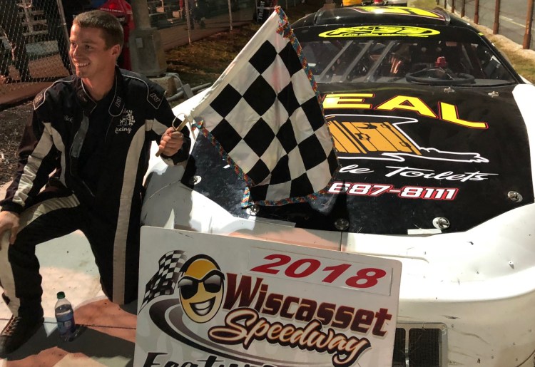 Nick Hinkley of Wiscasset celebrates his Pro Stock championship Saturday night at Wiscasset Speedway. It was Hinkley's first career title in the division.