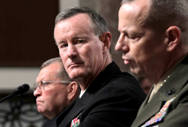 Navy Vice Adm. William H. McRaven, center, nominee to become commander of the U.S. Special Operations Command, listens to testimony by Marine Lt. Gen. John Allen, right, nominee to become commander of U.S. forces in Afghanistan, during a confirmation hearing on Capitol Hill in Washington, Tuesday, June 28, 2011. At left is Gen. James D. Thurman, nominee to become commander of U.S. forces in Korea.  (AP Photo/J. Scott Applewhite)