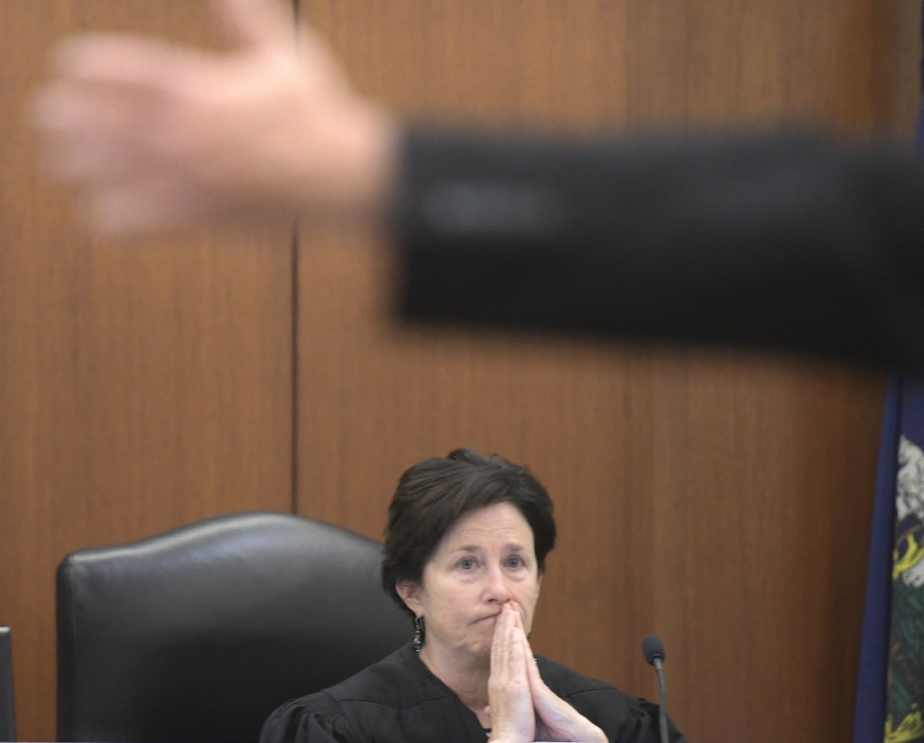 Justice Michaela Murphy listens Deputy District Attorney Paul Cavanaugh making a closing argument Monday during the trial of Scott Bubar at the Capital Judicial Center in Augusta. Bubar, 41, of Brunswick, was indicted on charges of aggravated attempted murder of Sgt. Jacob Pierce and reckless conduct with a dangerous weapon, both of which allegedly occurred May 19, 2017, at a mobile home at 1003 Oakland Road, Belgrade, near the Oakland town line.
