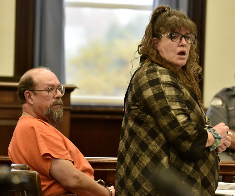 Convicted killer Jay Mercier and his defense attorney, Amy Fairfield, listen as the state makes its case during a hearing in Somerset County Superior Court in Skowhegan on Tuesday.