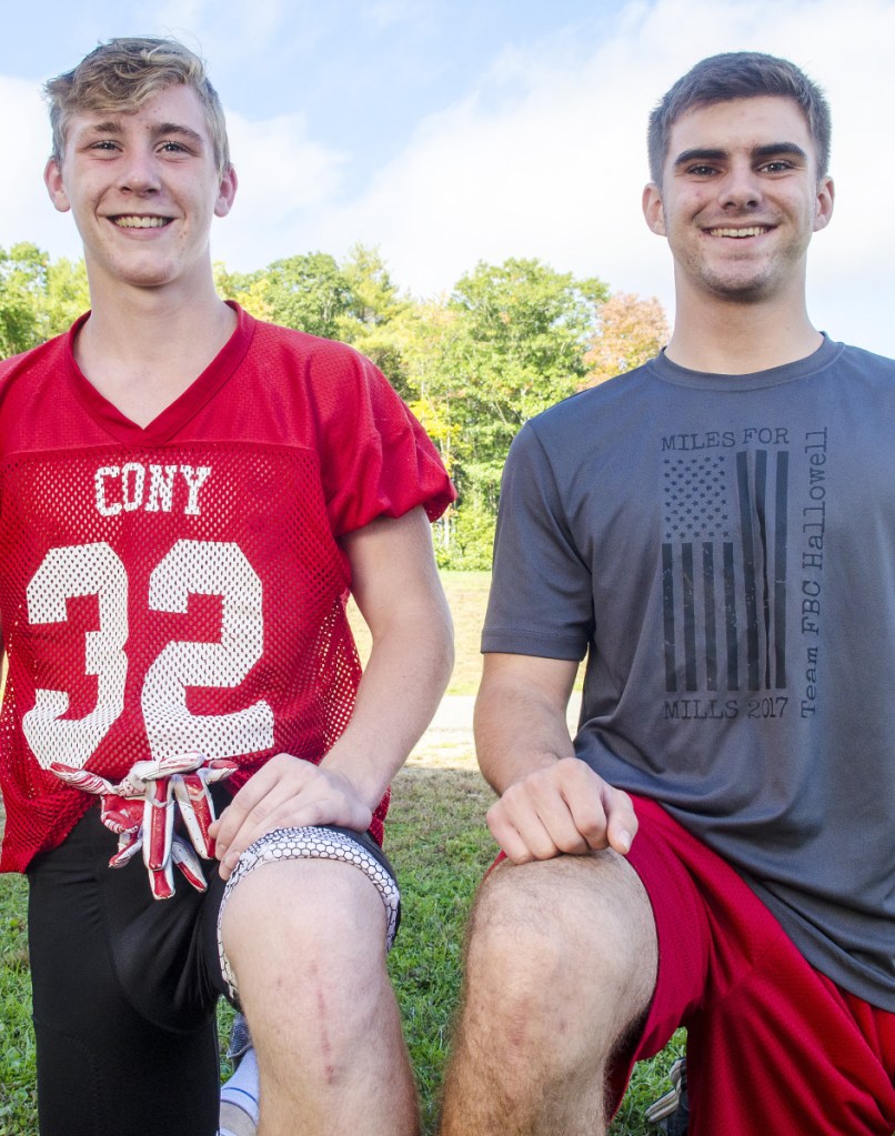 Cony football players Mike Wozniak, left, and Jacob Mills have both recovered from devastating ACL injuries in their knees to become standout players for the Rams defense.