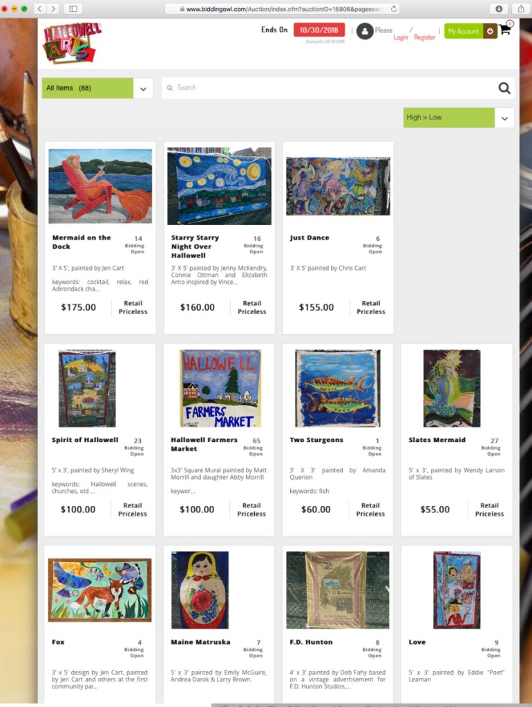 A screenshot of the online auction page for the murals that adorned the construction area during Water Street reconstruction in Hallowell.