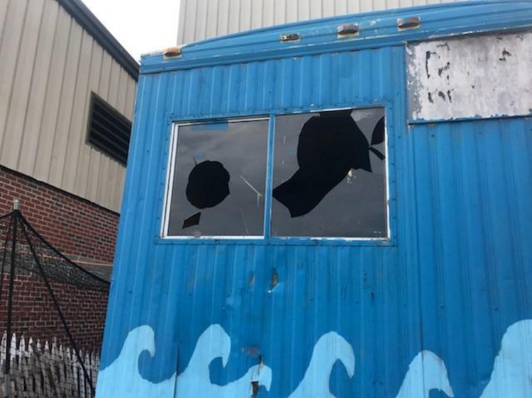 Windows at one of two utility trailers at the Skowhegan Recreation Center were broken recently by young vandals. Both trailers will have to be junked.