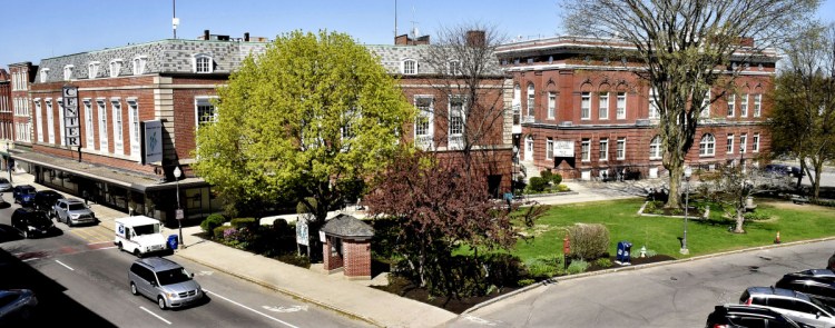 Castonguay Square is a green oasis in downtown Waterville beside City Hall and the Center on May 9. The Waterville Creates! organization has been awarded a $75,000 grant from the National Endowment for the Arts to redesign the square.