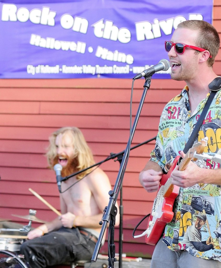 Josh Shain, left, and Sam Shain performing with Sam Shain and the Scolded Dogs June 14, 2012, on Hallowell's bandstand as part of the weekly Rock On The River concert series.